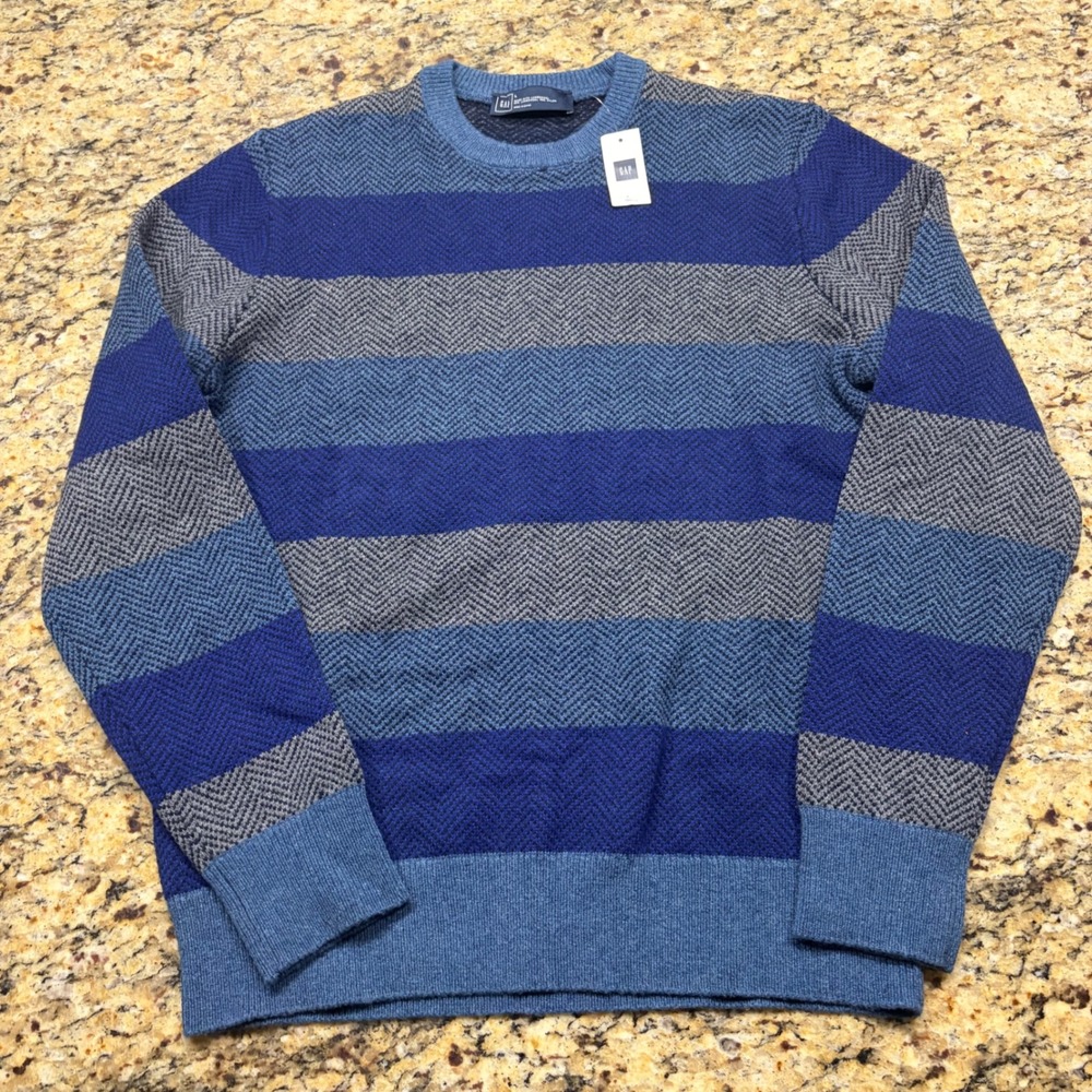 NEW Gap Mens Lambswool Blend Striped Crew Neck Sweater Blue Grey Large ws